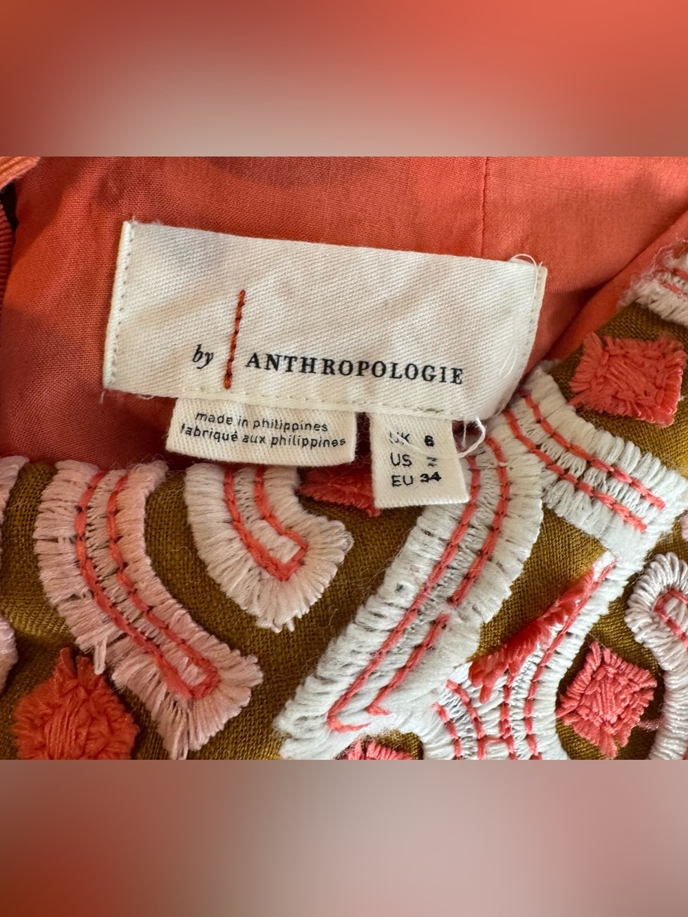 By Anthropologie Slim Mini Skirt Linen Apricot Tan Embroidered Women’s Size 2 - Picture 5 of 14
